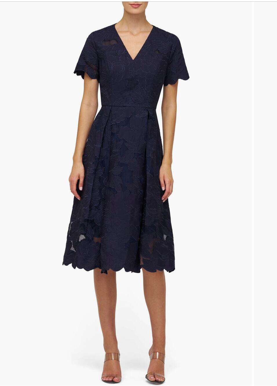 Kay Unger Luna Midnight Blue Embroidered Midi Dress Size 8